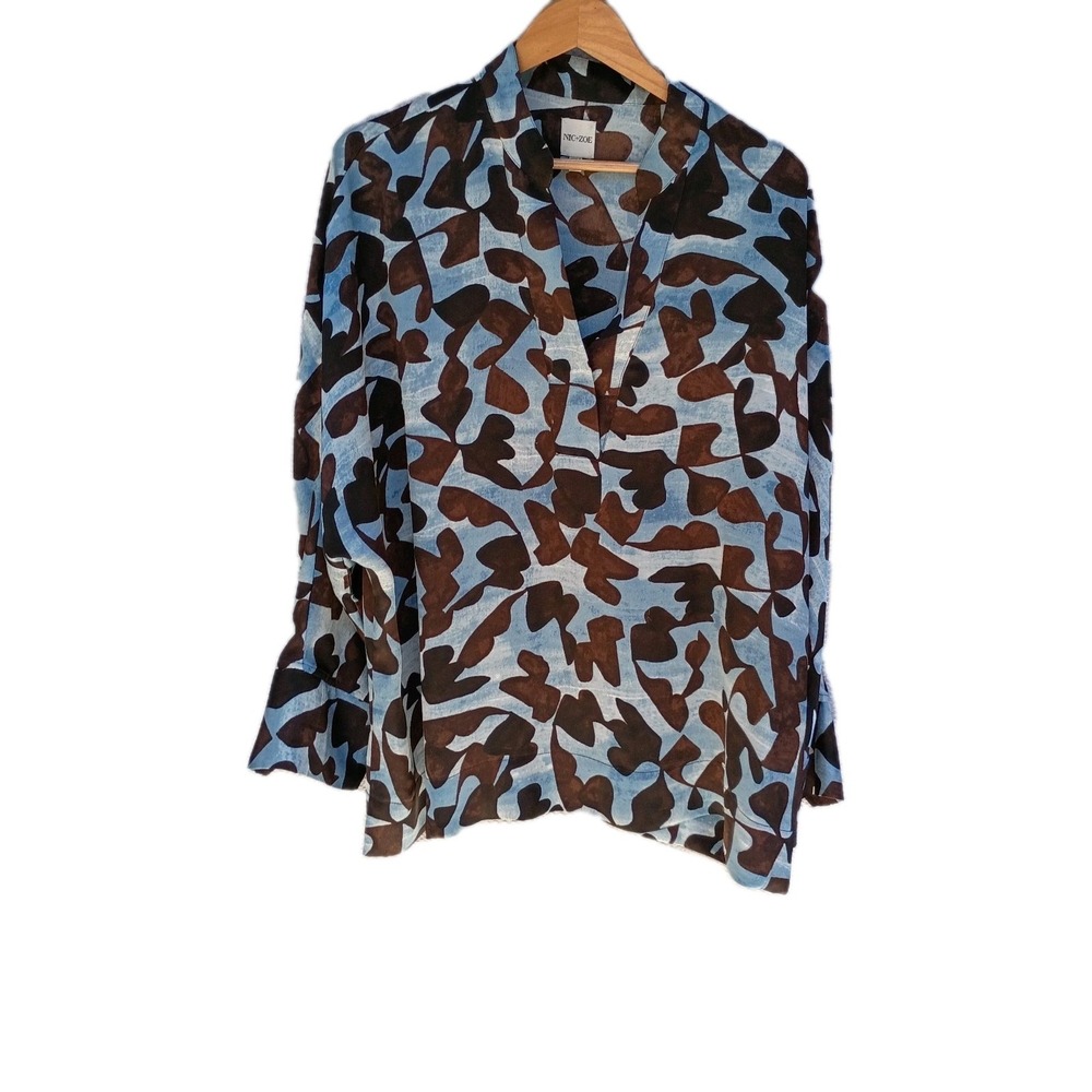 NIC+ZOE Swirling Sky top Women's XXL Blue Brown Abstract Blouse Long Sleeve